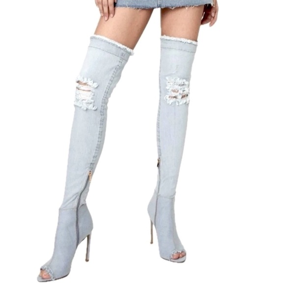 👢💙 SECRET Blue Stretch Denim Thigh-High Boots | Size 8 Peep Toe‎ Stiletto Heel - Picture 2 of 6